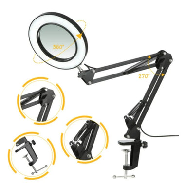 Lampe De Bureau Loupe LED 15X/10X - 5 Couleurs Réglables - Pince Et Base USB